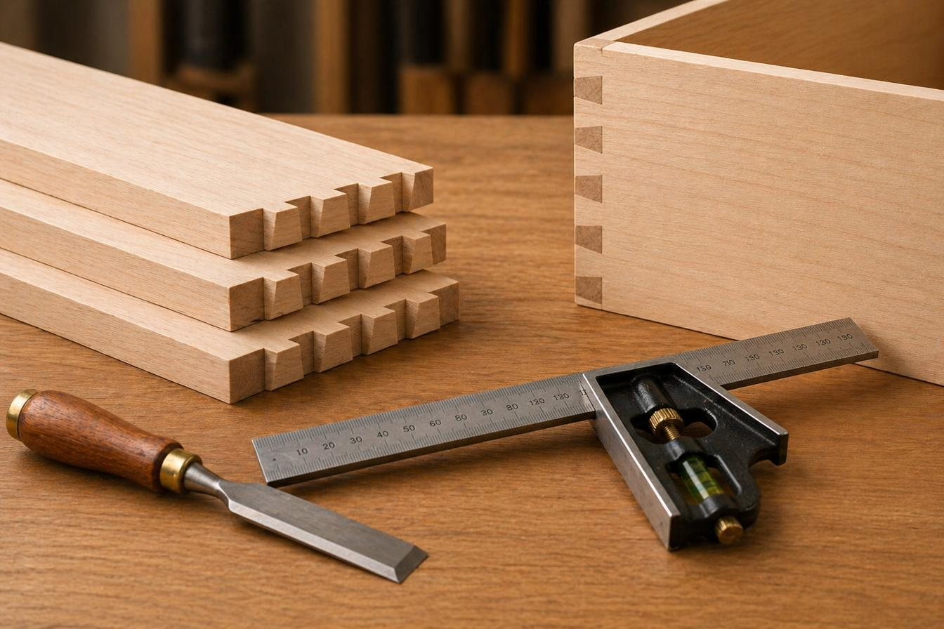 Dovetail joint in hardwood, with chisel and square