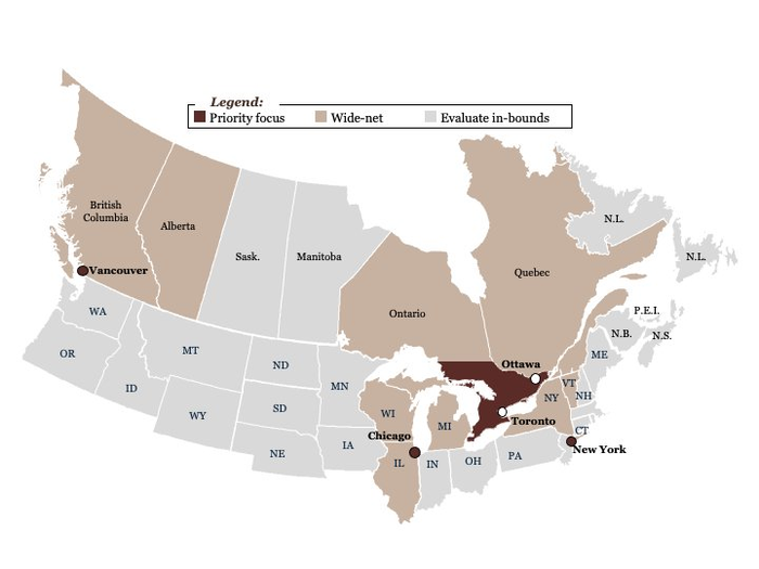 Map of geographic focus: Southern Ontario as priority, with British Columbia, Alberta, Quebec and the US Northeast as wider net